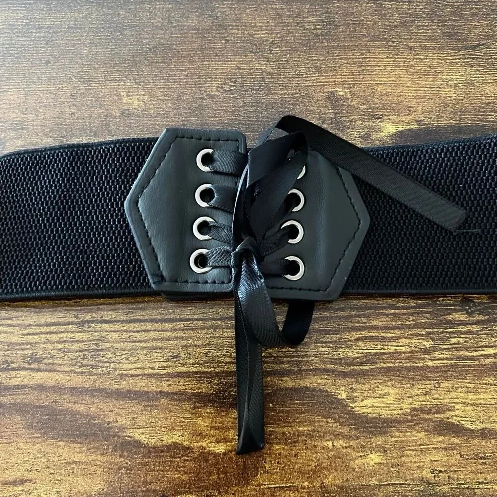 Black Y2K Lace Up Corset Stretch Wide Waist Belt, Fits Up to 27 Inches, X7GA1312